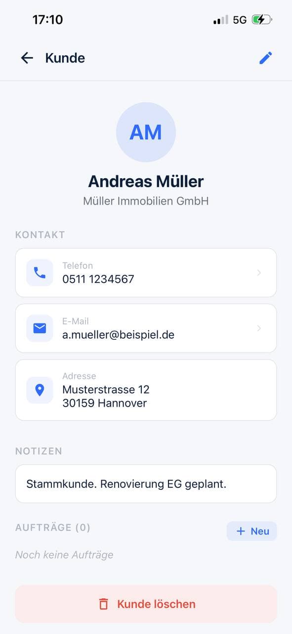 Kundenansicht in der MalerGo-App